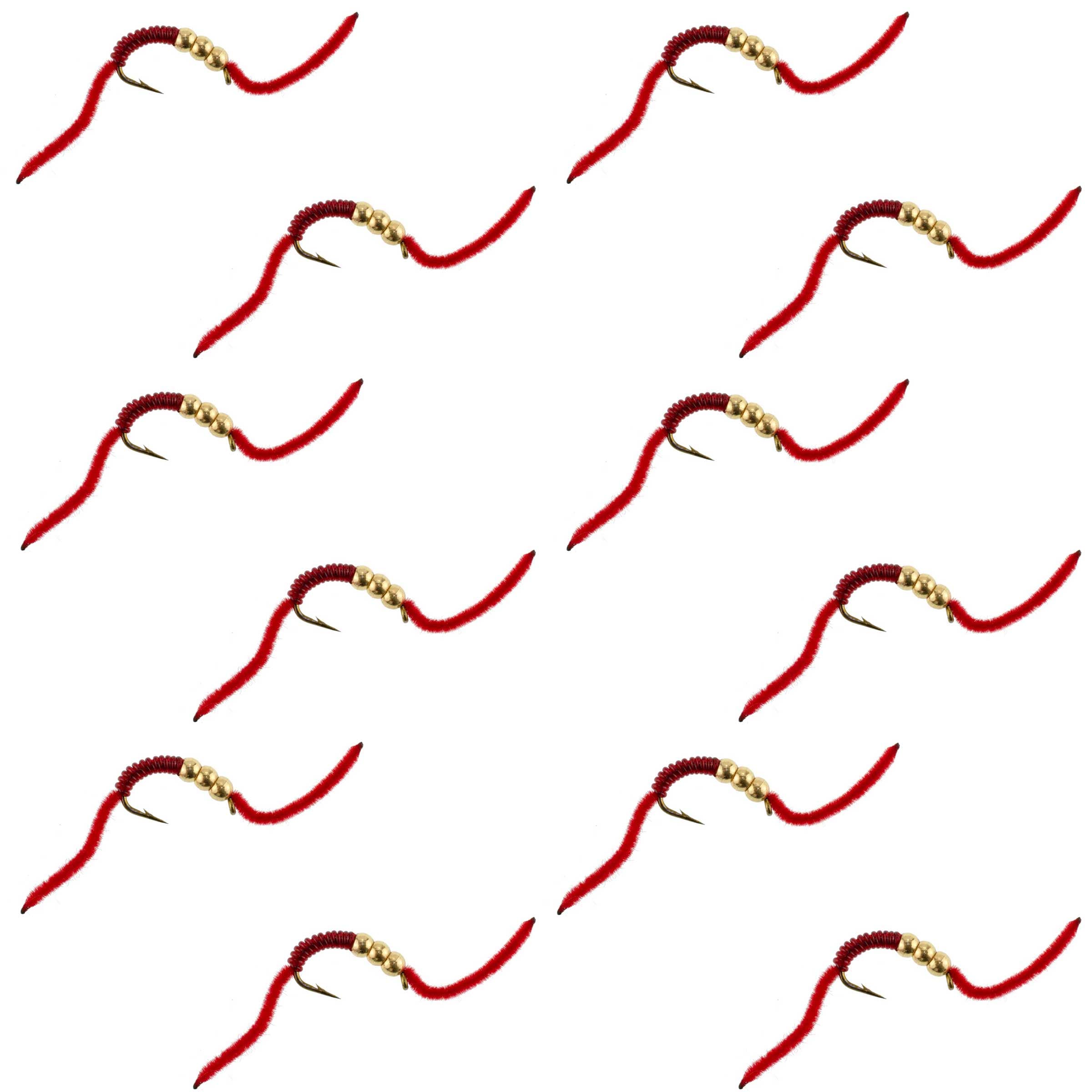 San Juan Triple Tungsten Bead Power Worm  Red V-Rib - 12 Flies Size 6