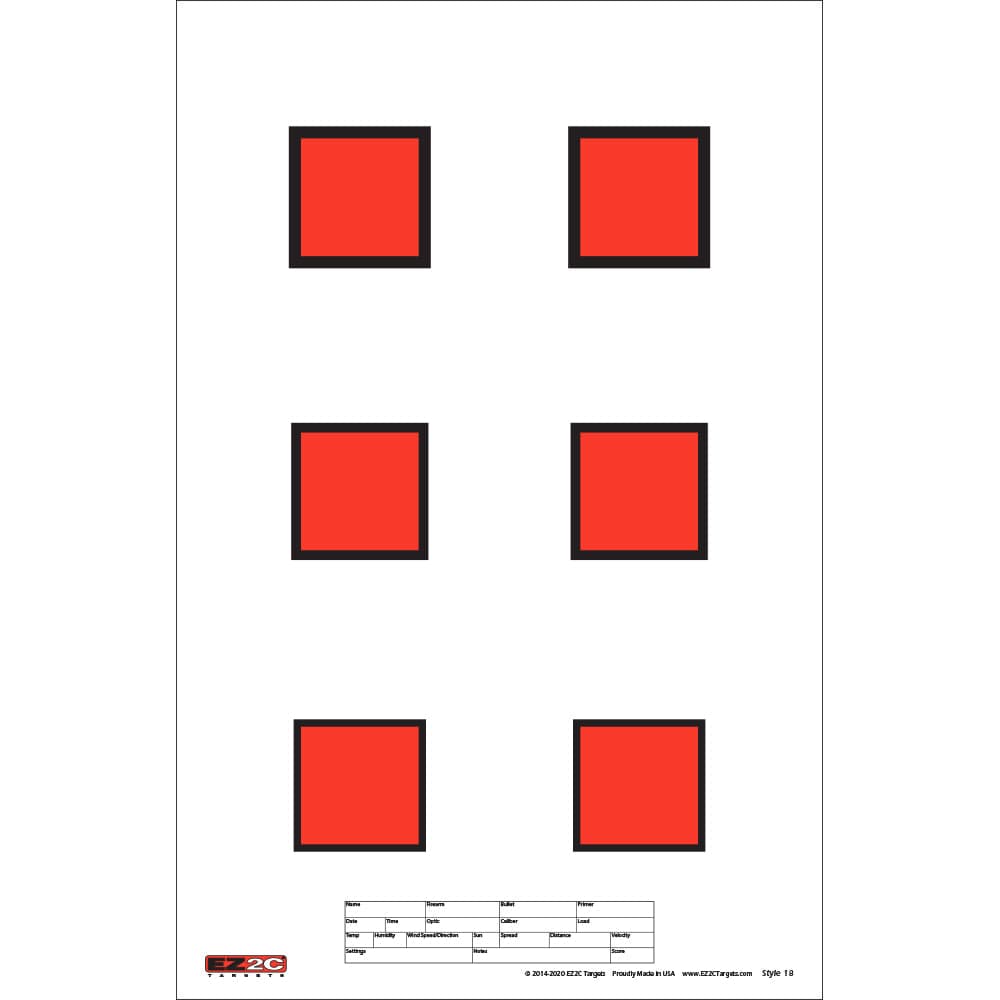 25 EZ2C Targets #18: Six 2” Squares Paper Shooting Targets Tear=Off Pad of 25 11"x17" USA MADE