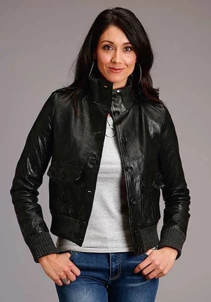 Stetson Novelty Solid Smooth Buttoned (Black) - Women's Lamb Leather Jacket