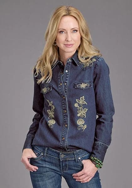 Stetson Floral Embroidery (Blue) - Women's Denim Blouse
