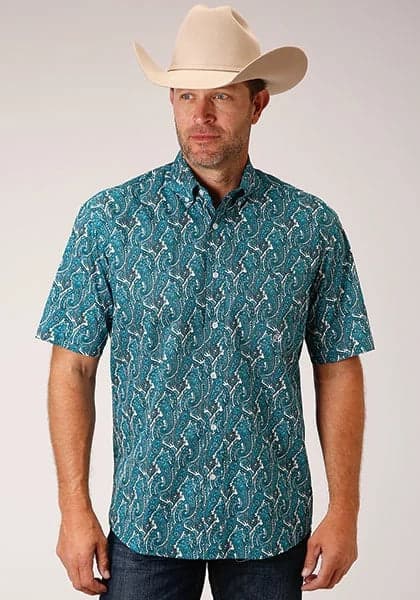 Roper 1449 Upstream Paisley (Blue) - Men's Short Sleeve Shirt