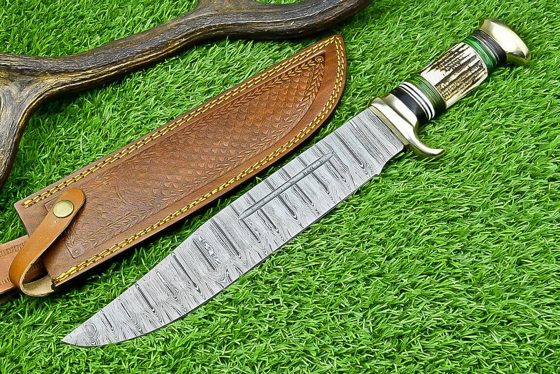 Deluxe Dundee Knife – 16" Handmade Damascus Steel Blade with Brass Guard & Pakkawood or Stag Horn Handle + Leather Sheath