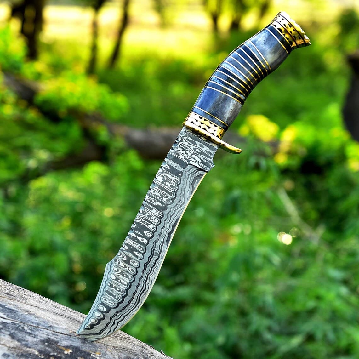 Vintage Damascus Steel Bowie Knife for Sale - 13" with Brass Guard and Camel Bone Handle