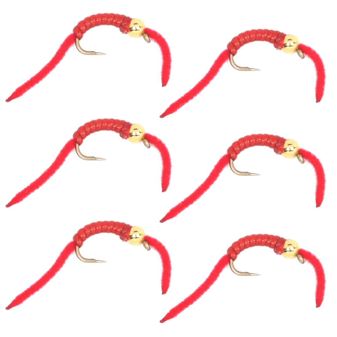 San Juan Worm Gold Bead Power Worm Red V-Rib - Set of 6 Nymph Flies Hook Size 14