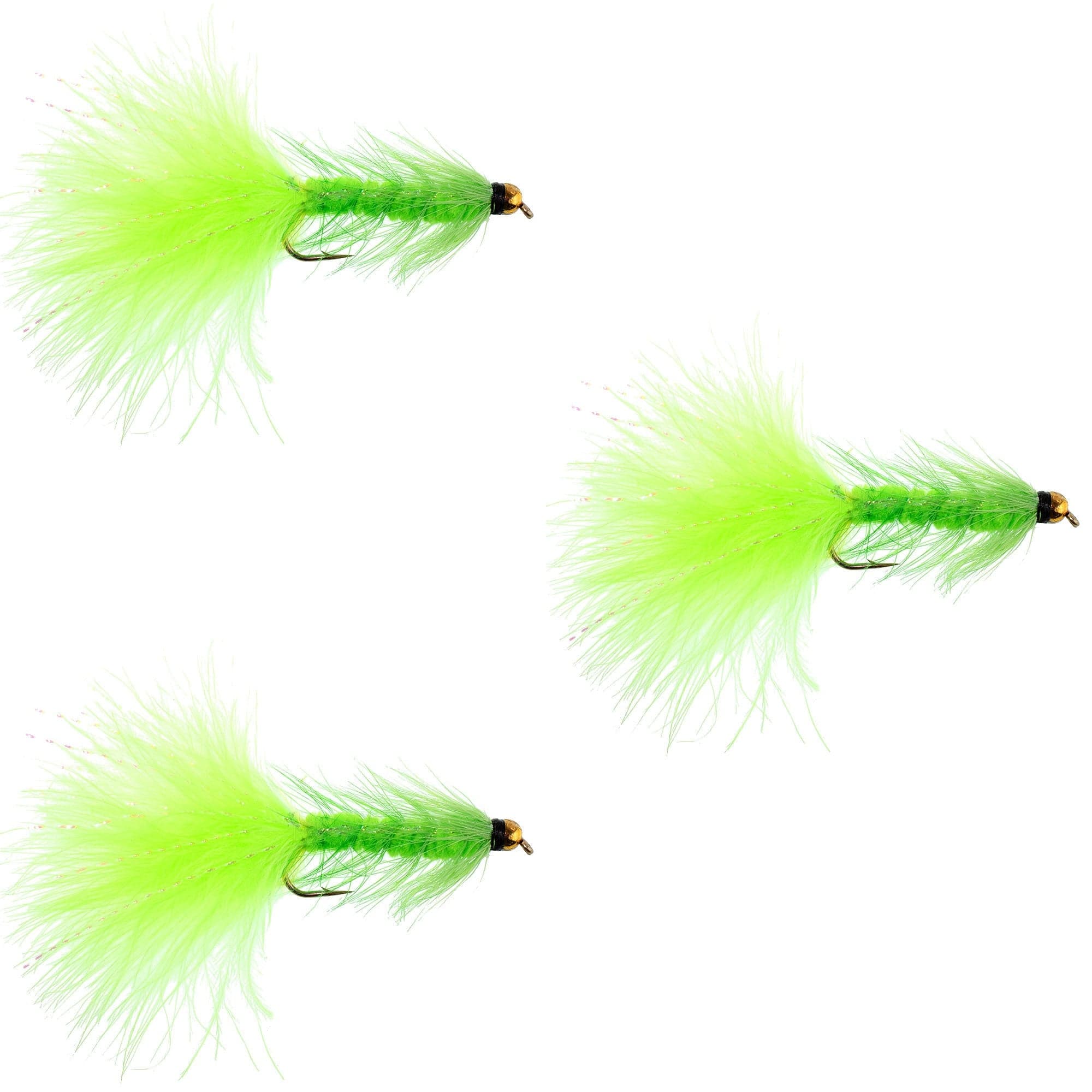 3 Pack Chartreuse Bead Head Crystal Woolly Bugger Classic Streamer Fly - Hook Size 4