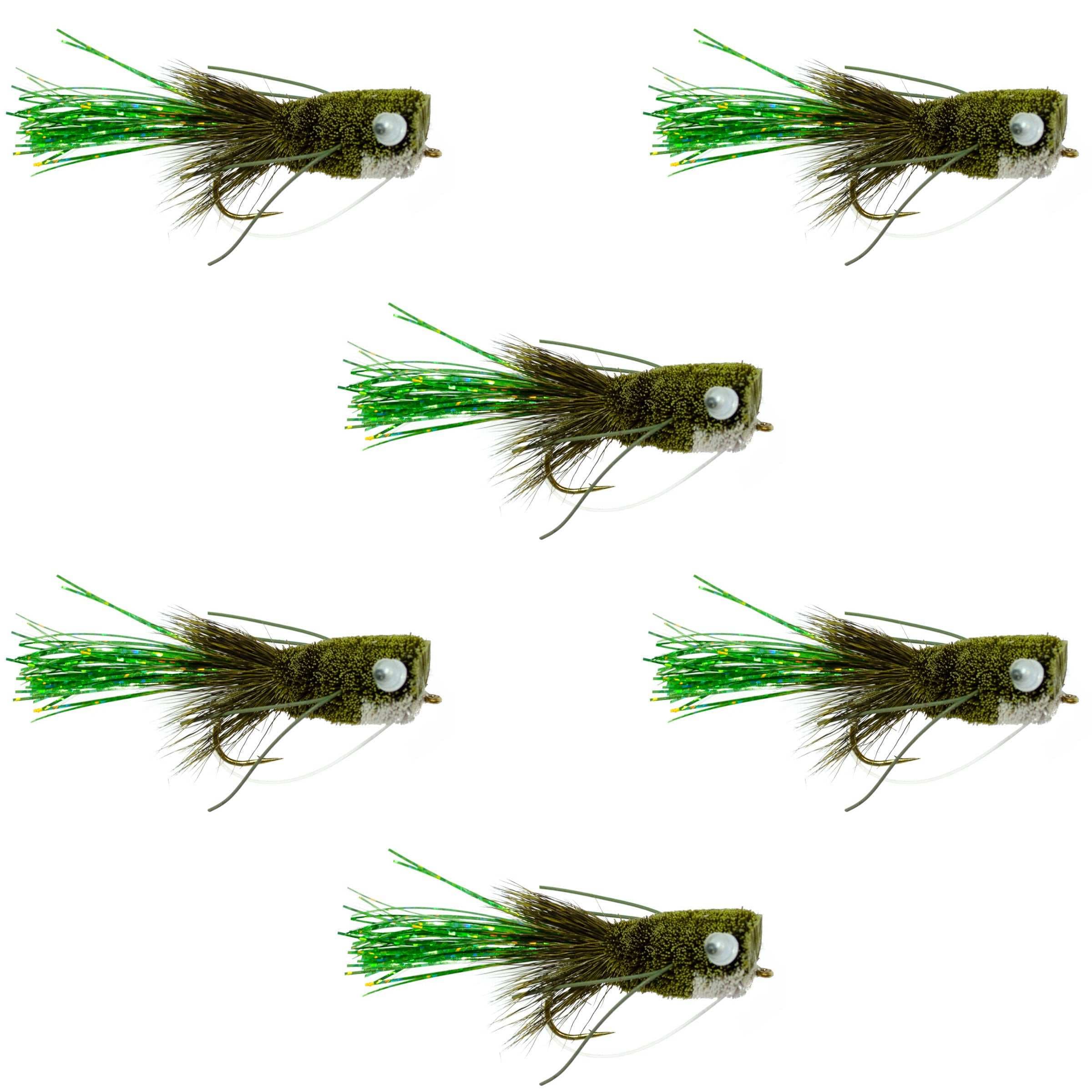 Flashtail Bass Popper 6 Flies Size 8 - Olive Bass Fly Fishing Bug Wide Gape Bass Hooks With Weed Guard