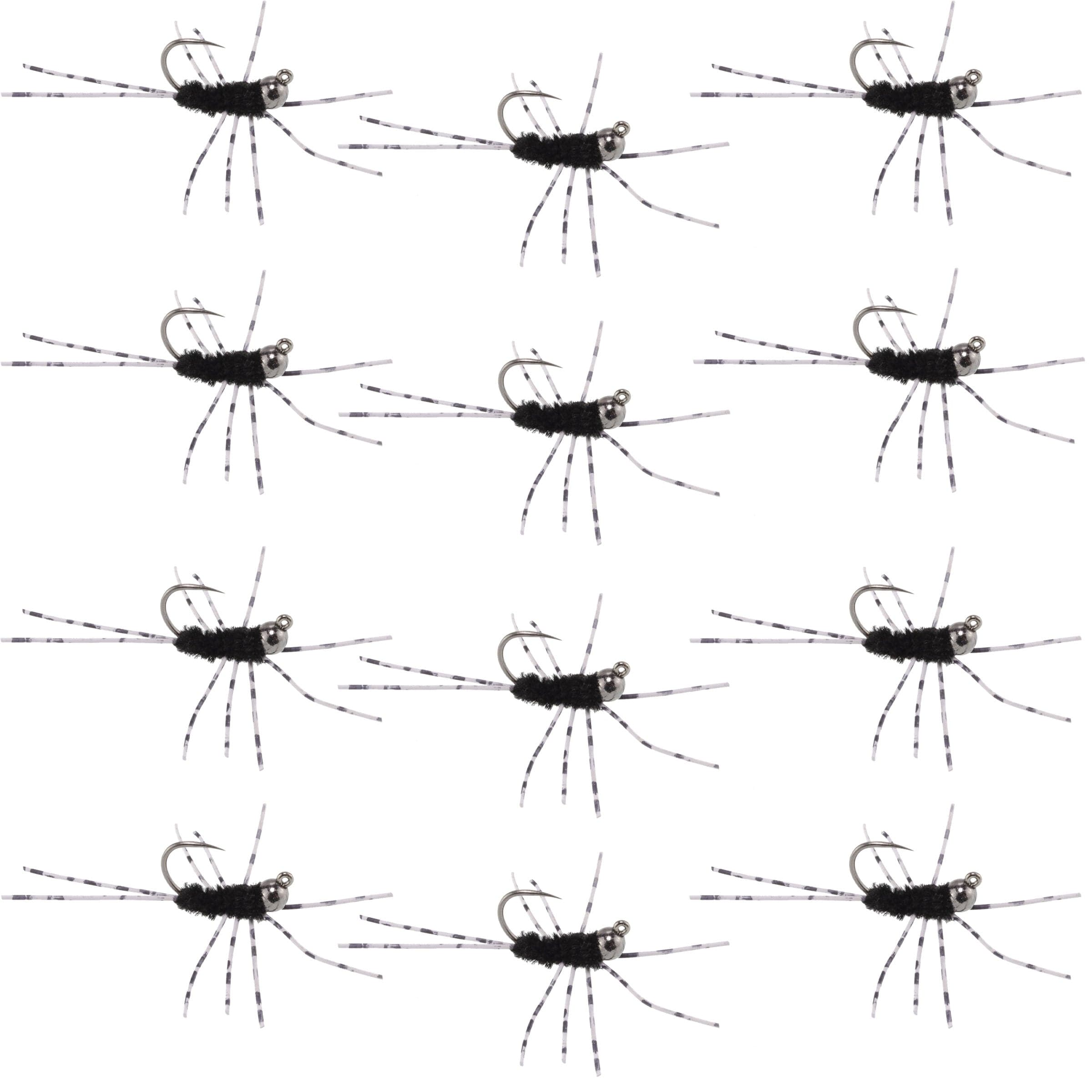 Barbless Pat's Barred Rubber Legs Tungsten Bead Jigged Black Euro Nymph - Set of 12 Flies Hook Size 6