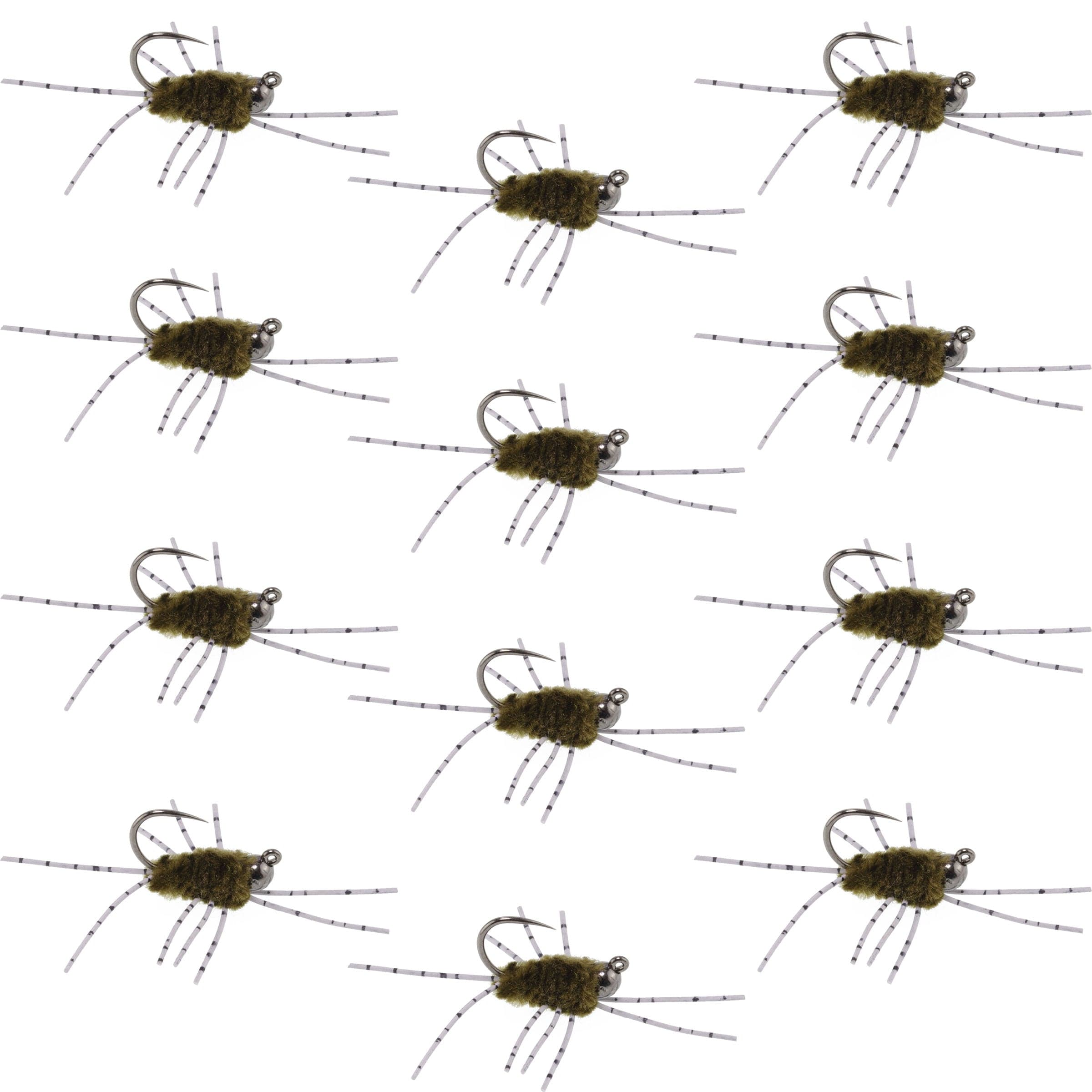 Barbless Pat's Barred Rubber Legs Tungsten Bead Jigged Dark Olive Euro Nymph - Set of 12 Flies Hook Size 6