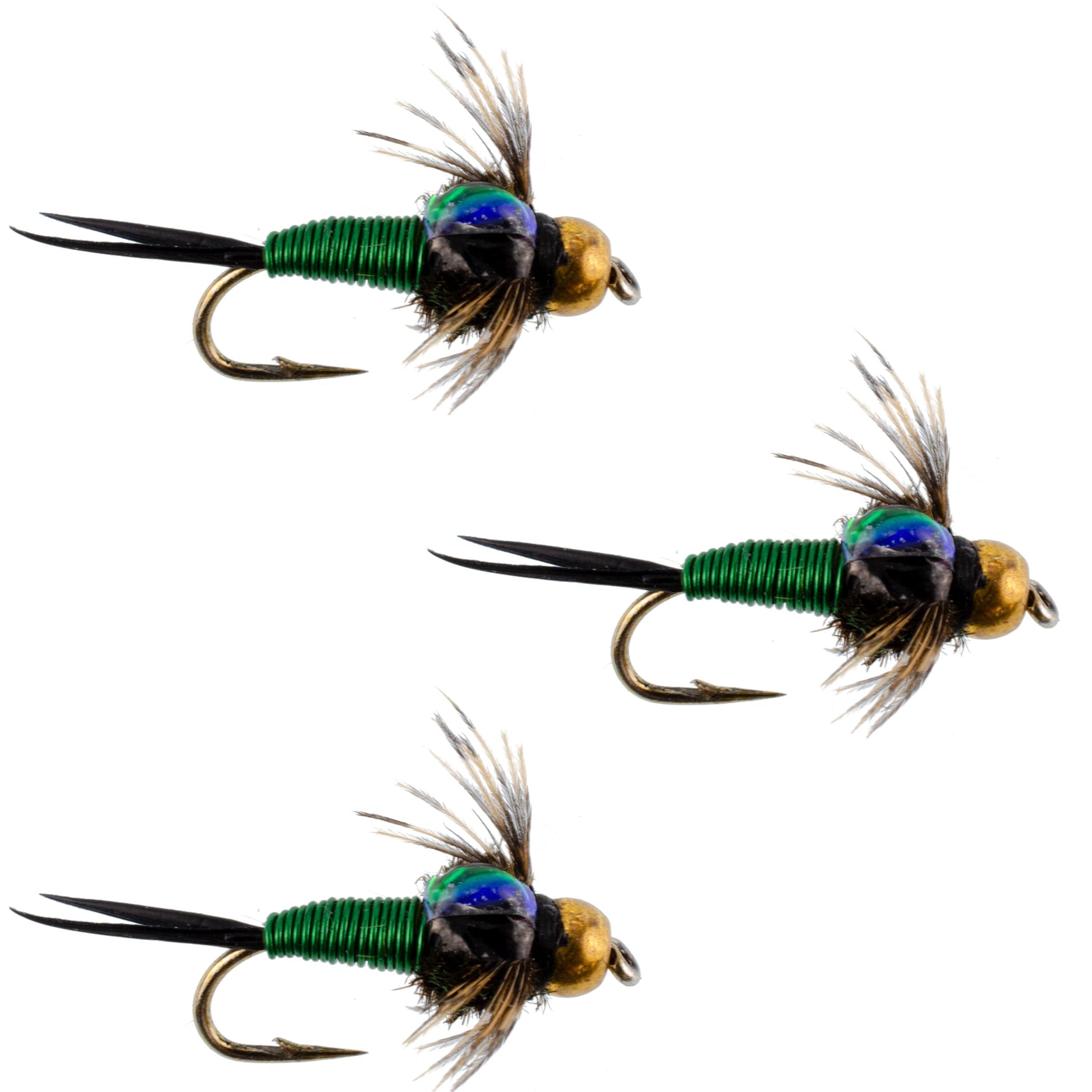3 Pack Bead Head Green Copper John Nymph Fly Fishing Flies - Hook Size 14