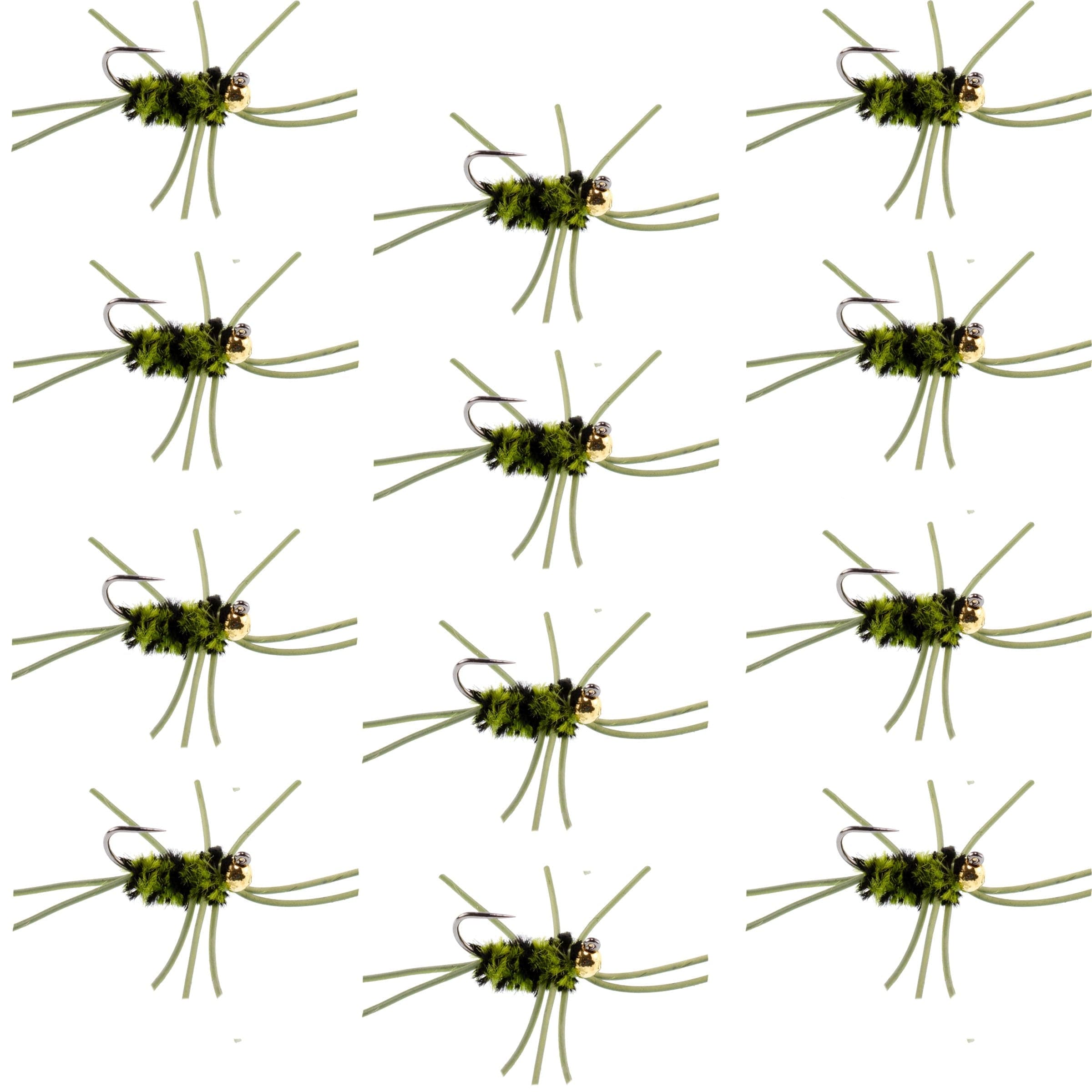 Barbless Pat's Rubber Legs Tungsten Bead Jigged Black/Olive Euro Nymph - Set of 12 Flies Hook Size 10