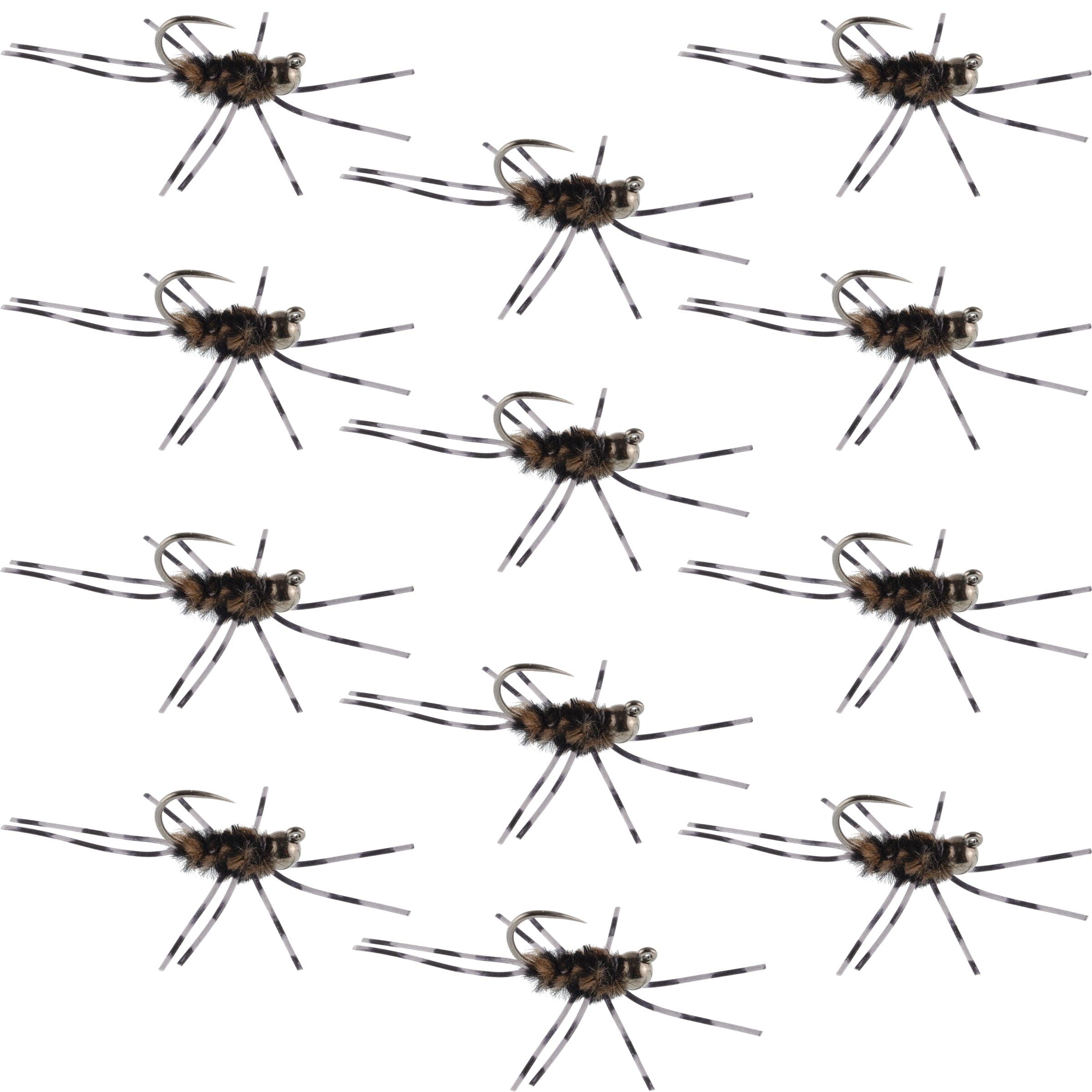 Barbless Pat's Barred Rubber Legs Tungsten Bead Jigged Coffee/Black Euro Nymph - Set of 12 Flies Hook Size 6