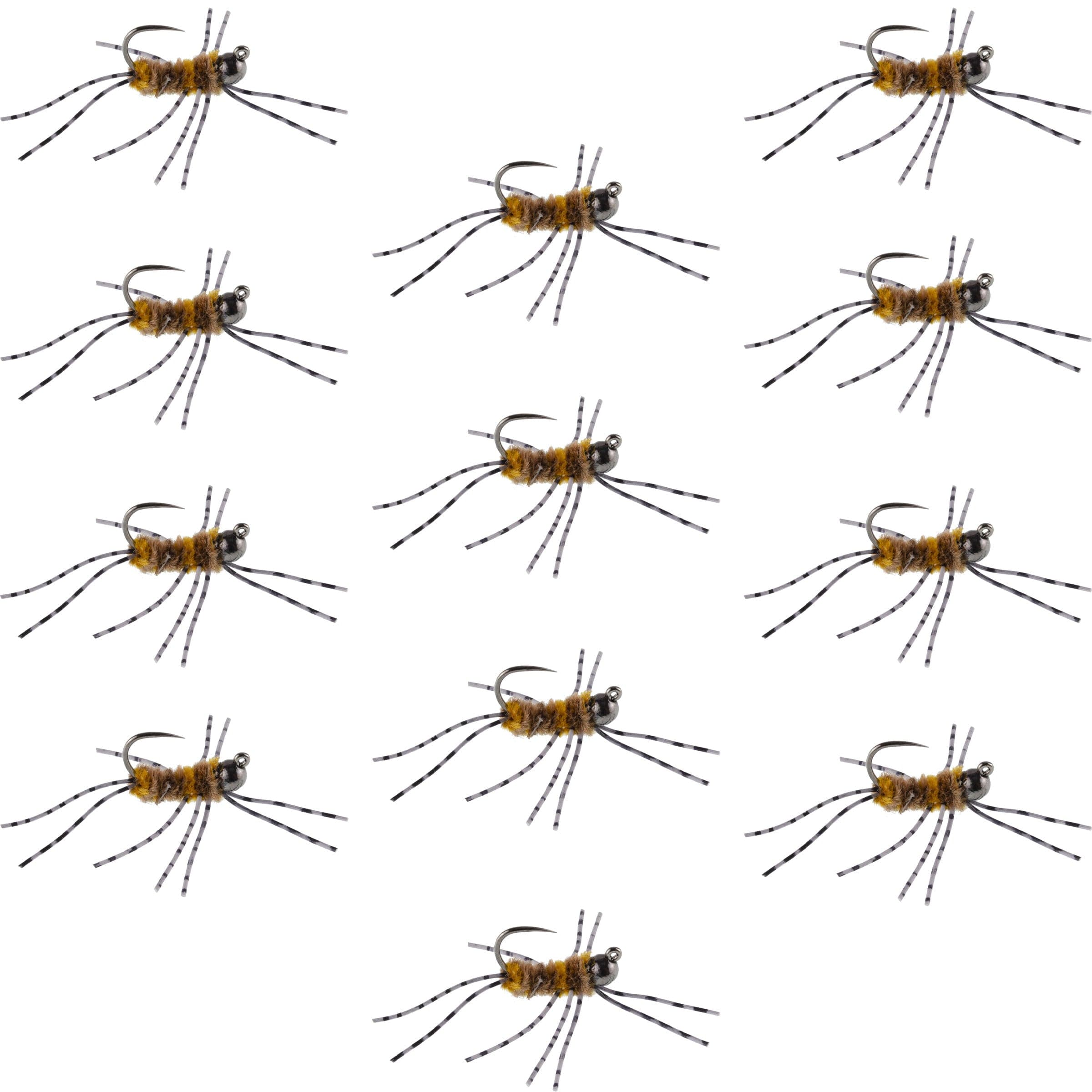 Barbless Pat's Barred Rubber Legs Tungsten Bead Jigged Coffee/Tan Euro Nymph - Set of 12 Flies Hook Size 6