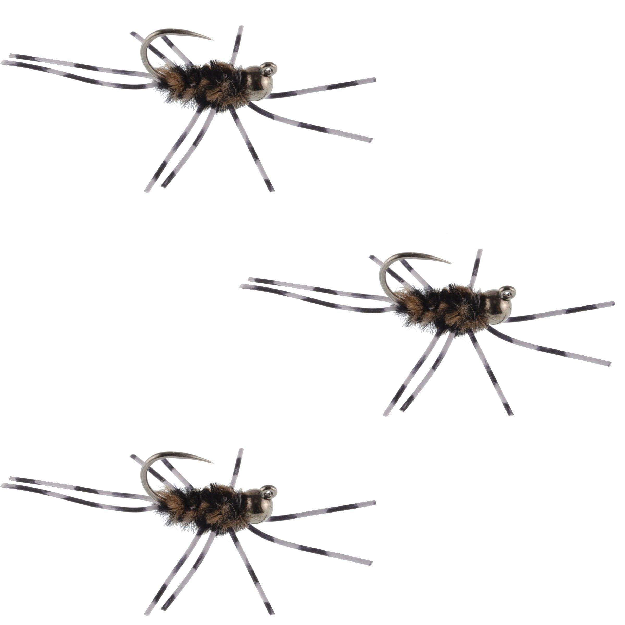3 Pack Barbless Pat's Barred Rubber Legs Tungsten Bead Jigged Coffee/Black Euro Nymph - Hook Size 6