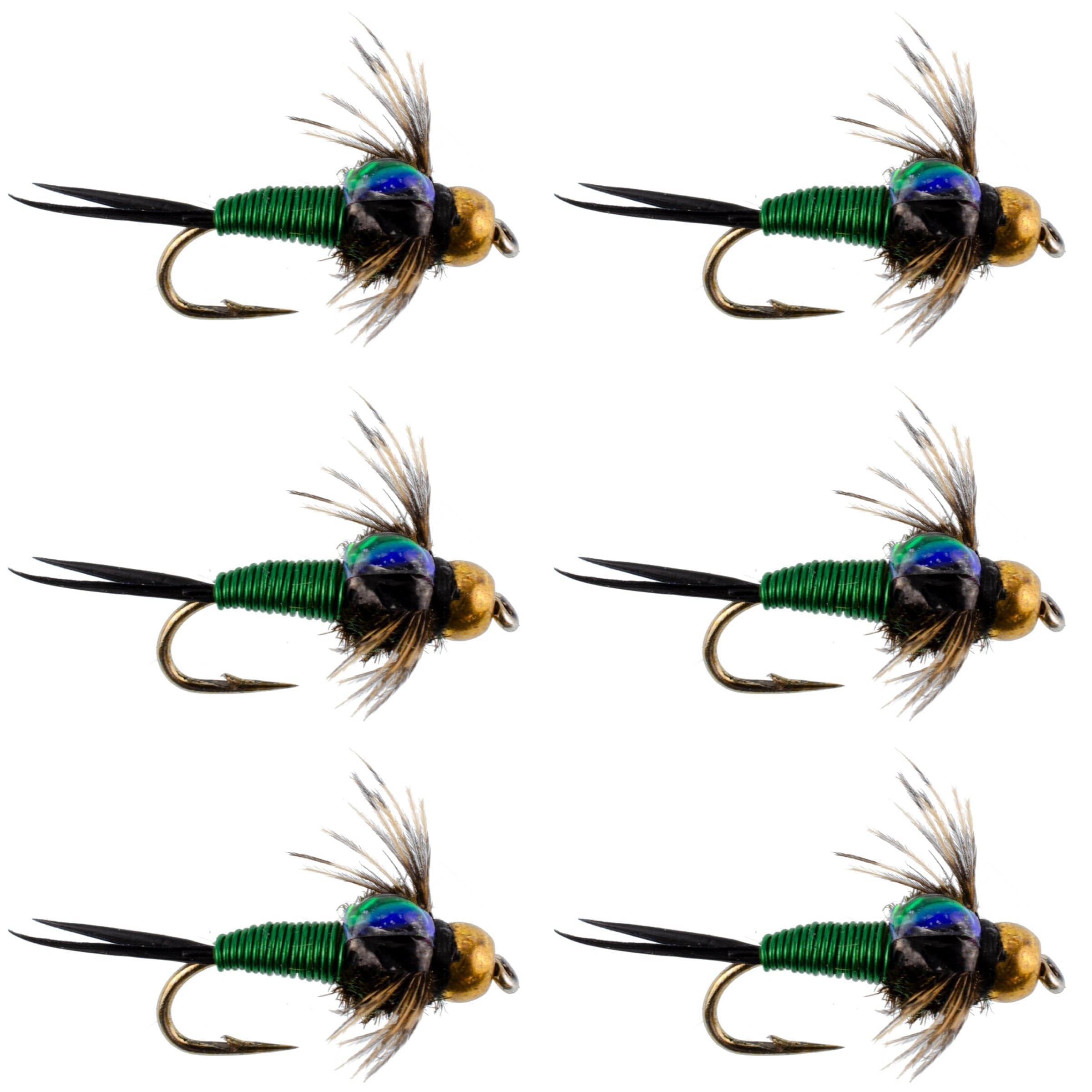 Bead Head Green Copper John Nymph Fly Fishing Flies - Set of 6 Flies Hook Size 18