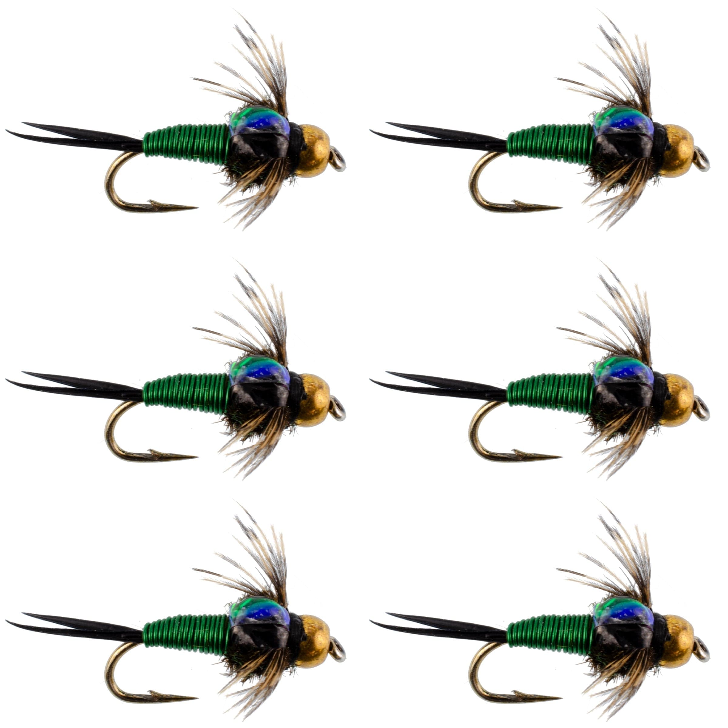 Bead Head Green Copper John Nymph Fly Fishing Flies - Set of 6 Flies Hook Size 16