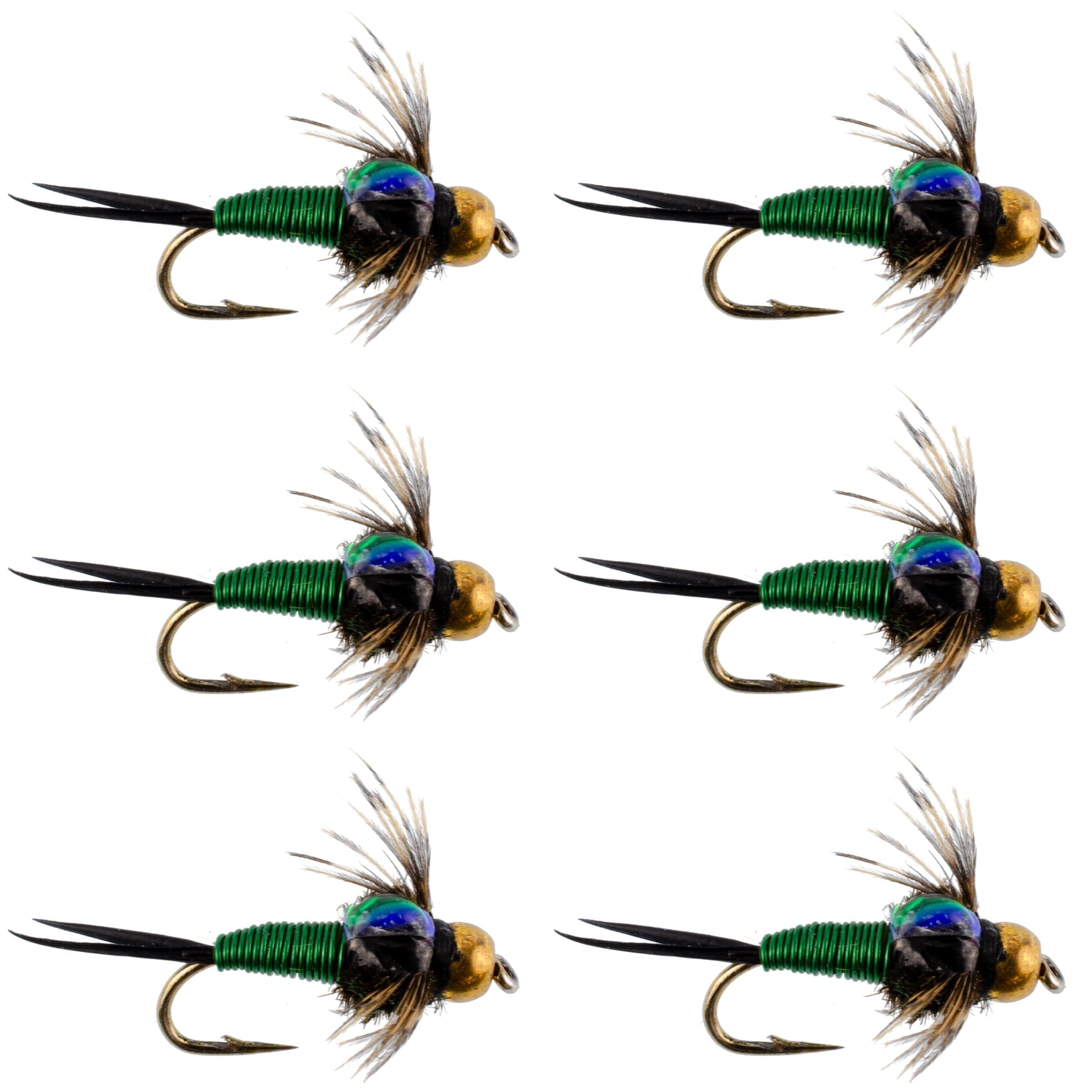 Bead Head Green Copper John Nymph Fly Fishing Flies - Set of 6 Flies Hook Size 12