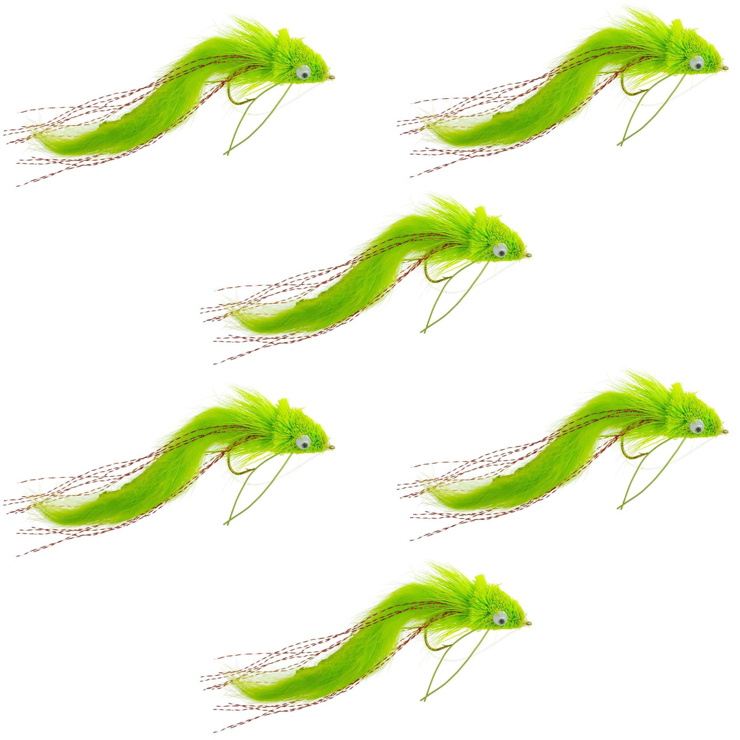 Chartreuse Rabbit Strip Deer Hair Diver 6 Flies Size 4 - Bass Fly Fishing Bug Wide Gape Bass Hooks With Weed Guard