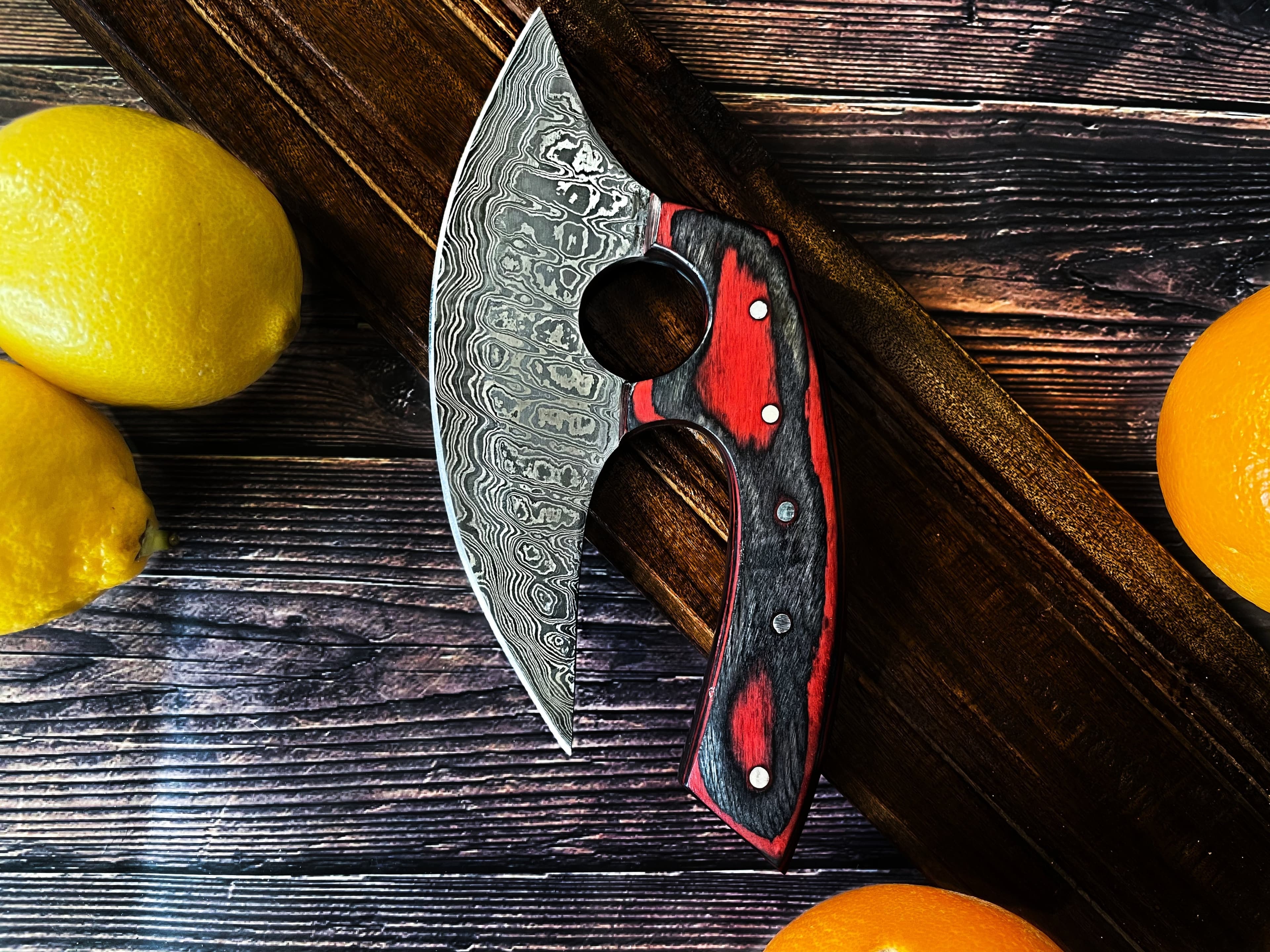 Custom Alaskan Ulu style blade, perfect for outdoors and indoor use, diamond wood (red and black) - Red Ulu