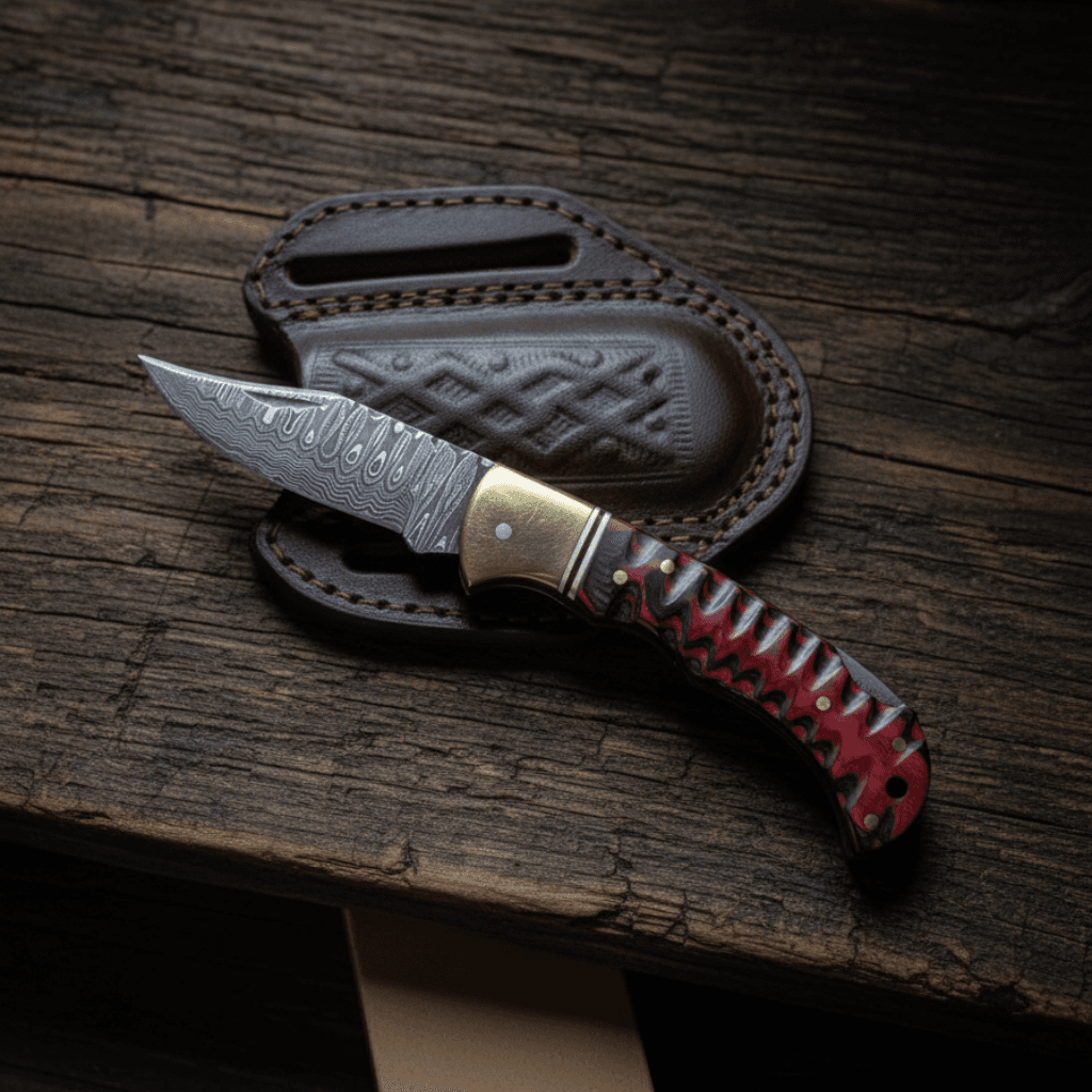 Crimson Ridge Damascus Folding Knife - TF-087