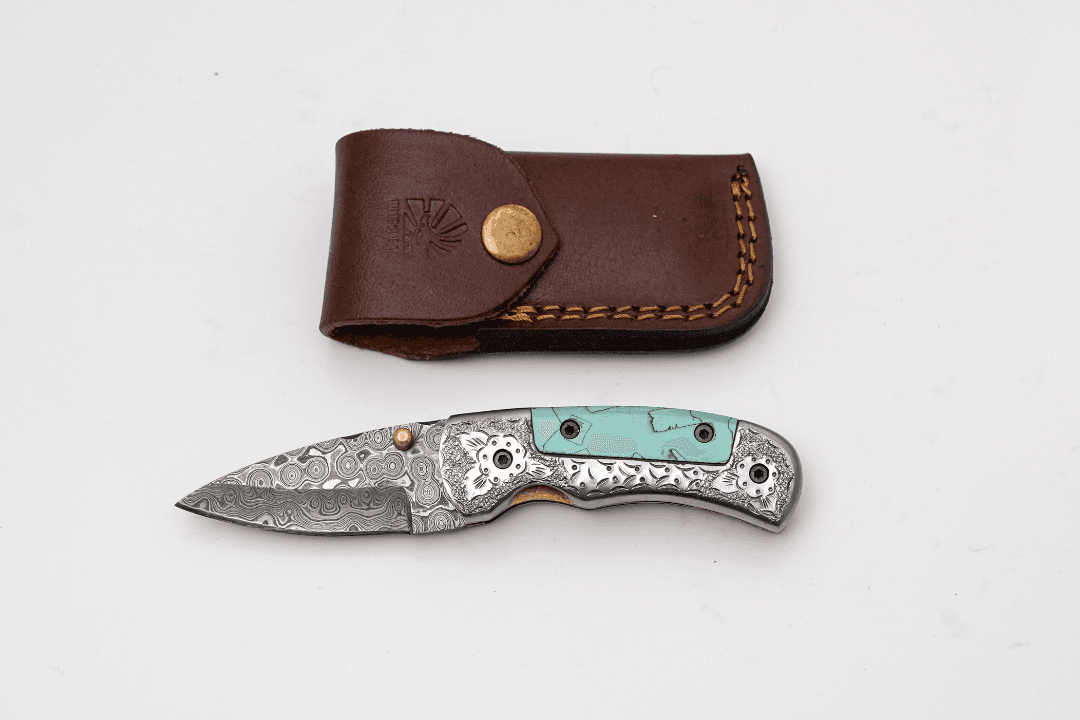 Hand-Forged Damascus Folder | Turquoise Handle, Engraved Bolster & Intricate Scrollwork - TF-076