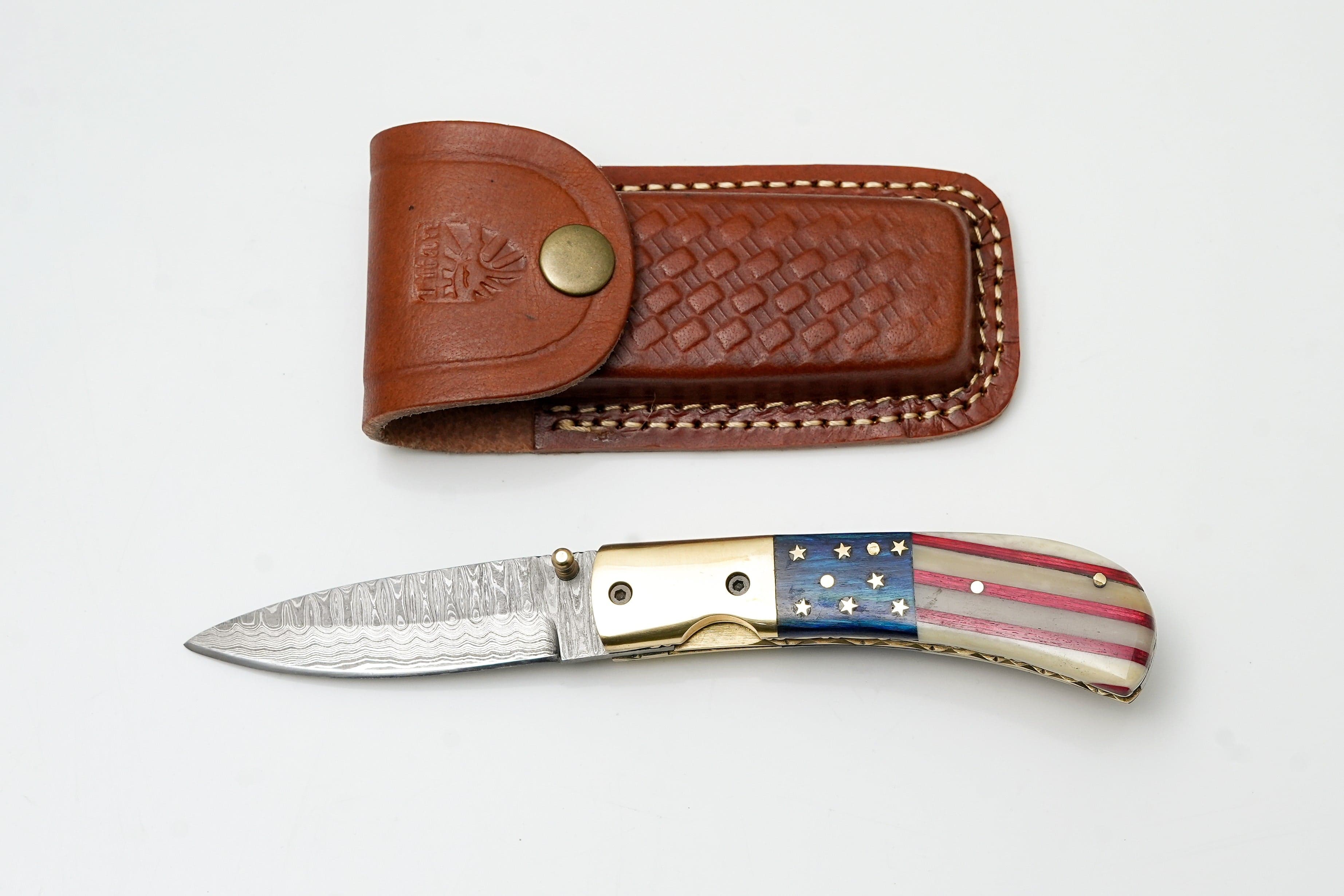 Patriotic American Flag Folding Knife | Hand-Forged Damascus Steel | Custom Blue Pocket Clip Edition TK-475