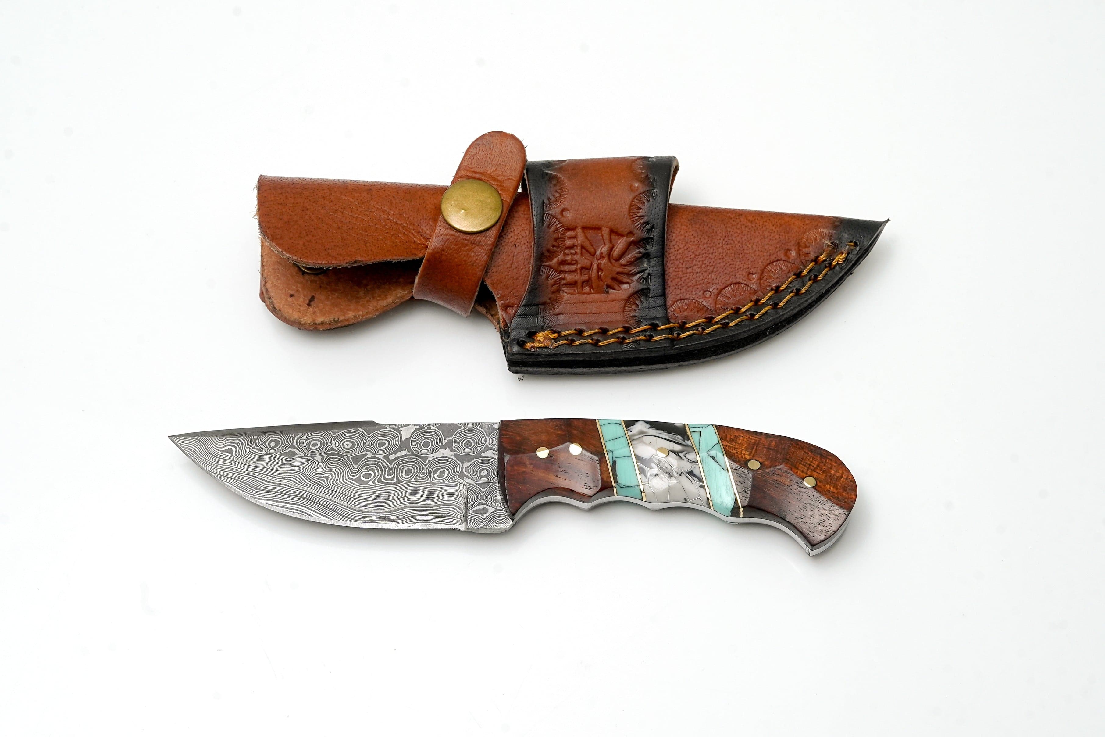 Hand-Forged Damascus Steel Field Knife | Custom Hybrid Wood & Turquoise Handle | Premium Outdoor Utility Gear TK-459
