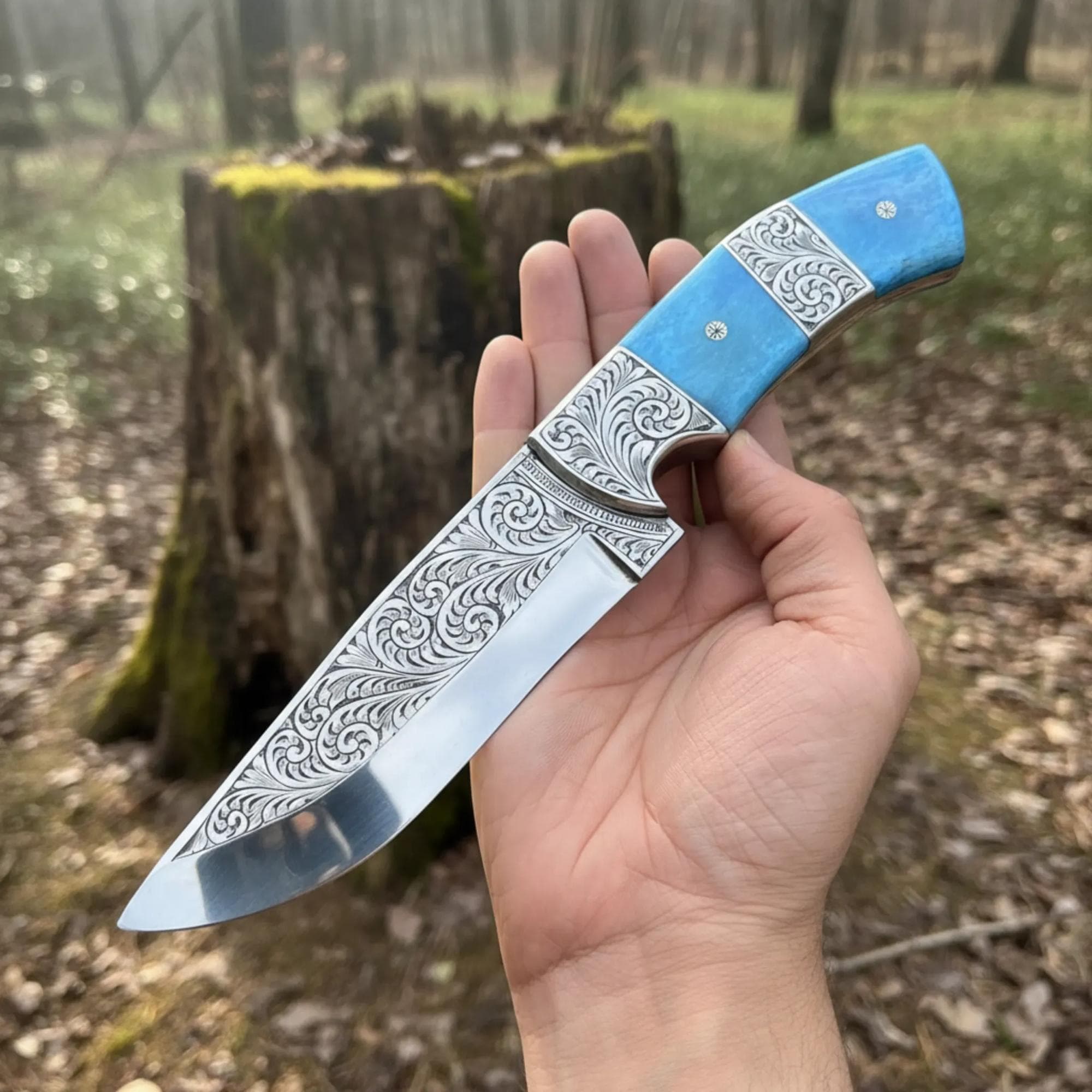 Hand Engraved D2 Hunting Knife Tinted Camel Bone Handle