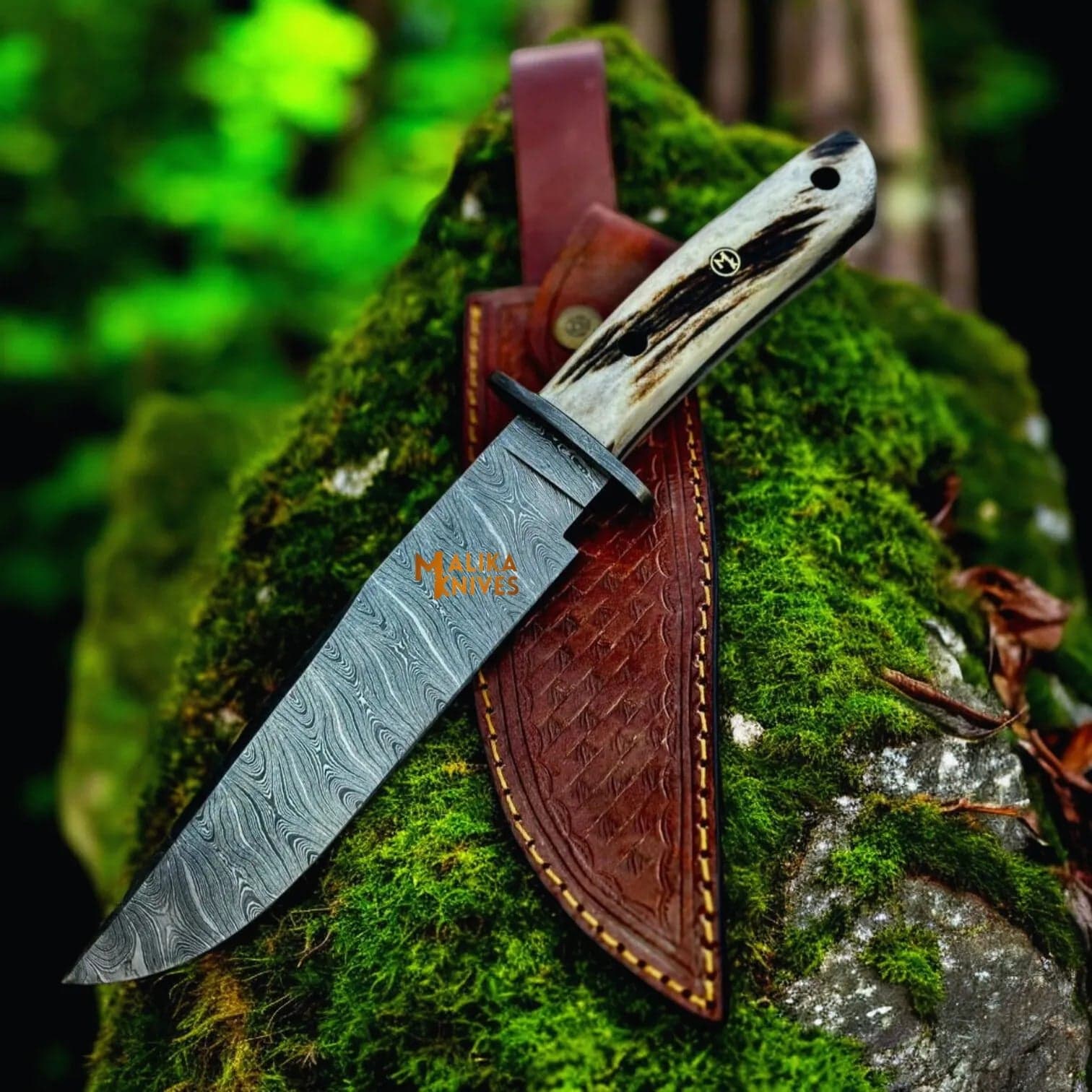 Damascus Stag Handle Bowie Knife Full Tang