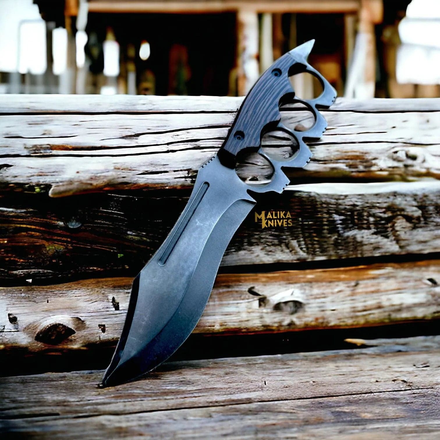 D2 Knuckle Bowie Knife Wenge Wood Full Tang Leather sheath