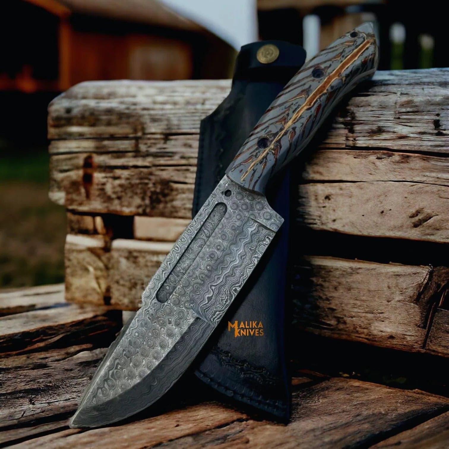 Damascus Bowie Knife Pine Cone Resin Handle