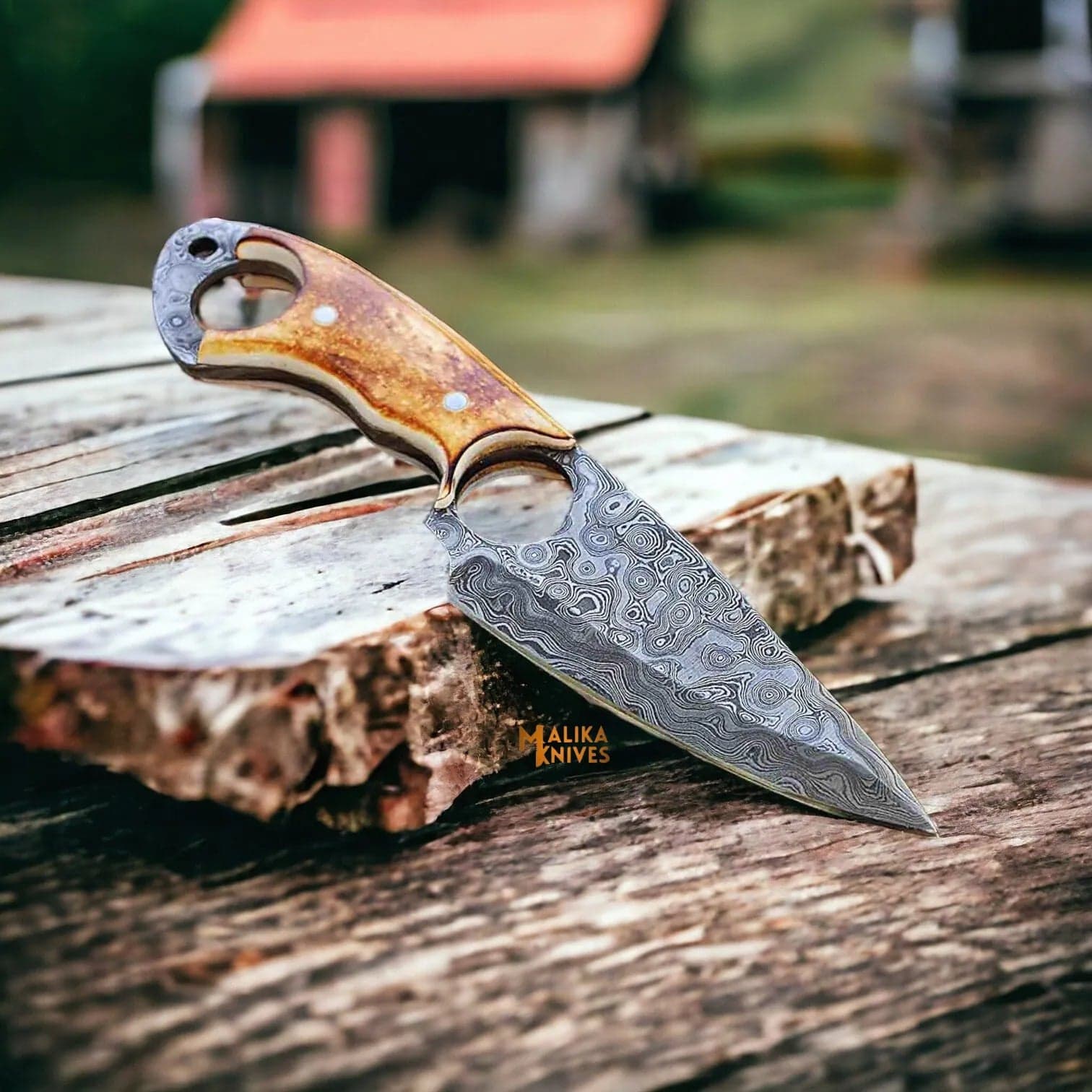 Ringtail Damascus Hunting Knife Camel Bone Handle