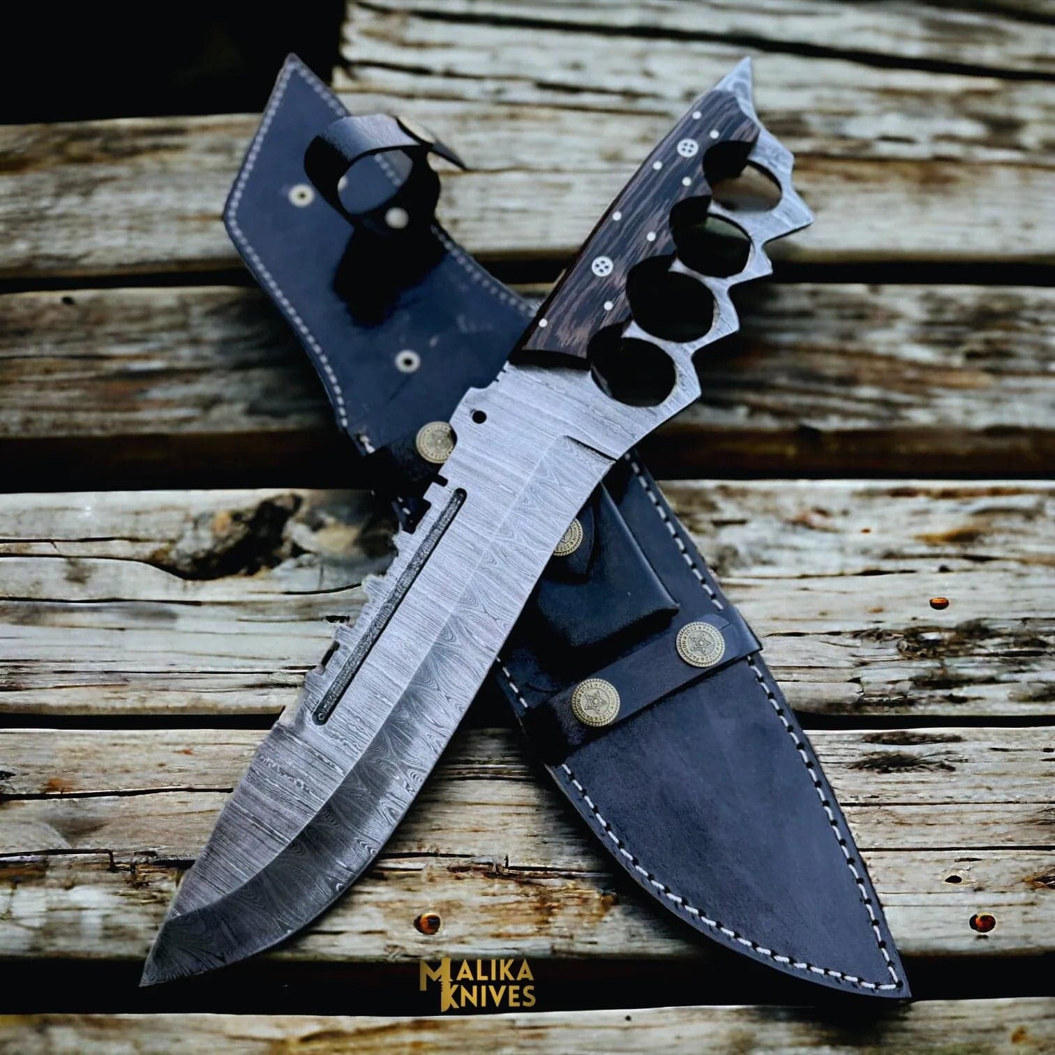 Damascus Knuckle Bowie Knife Wenge Wood Full Tang