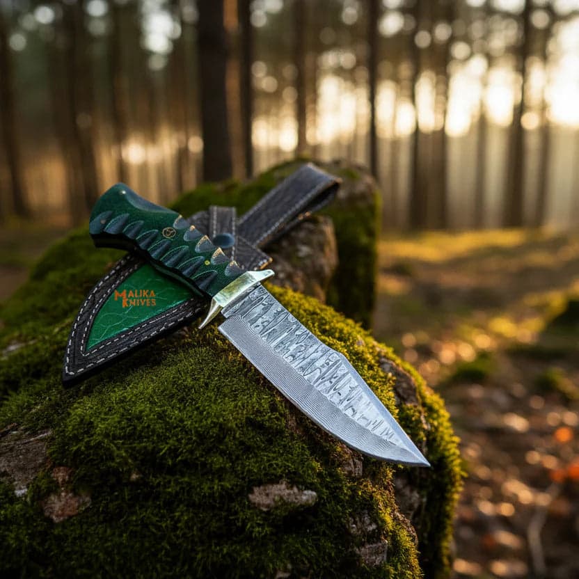 Damascus Bowie Hunting Knife with G10 Handle & Leather Sheath