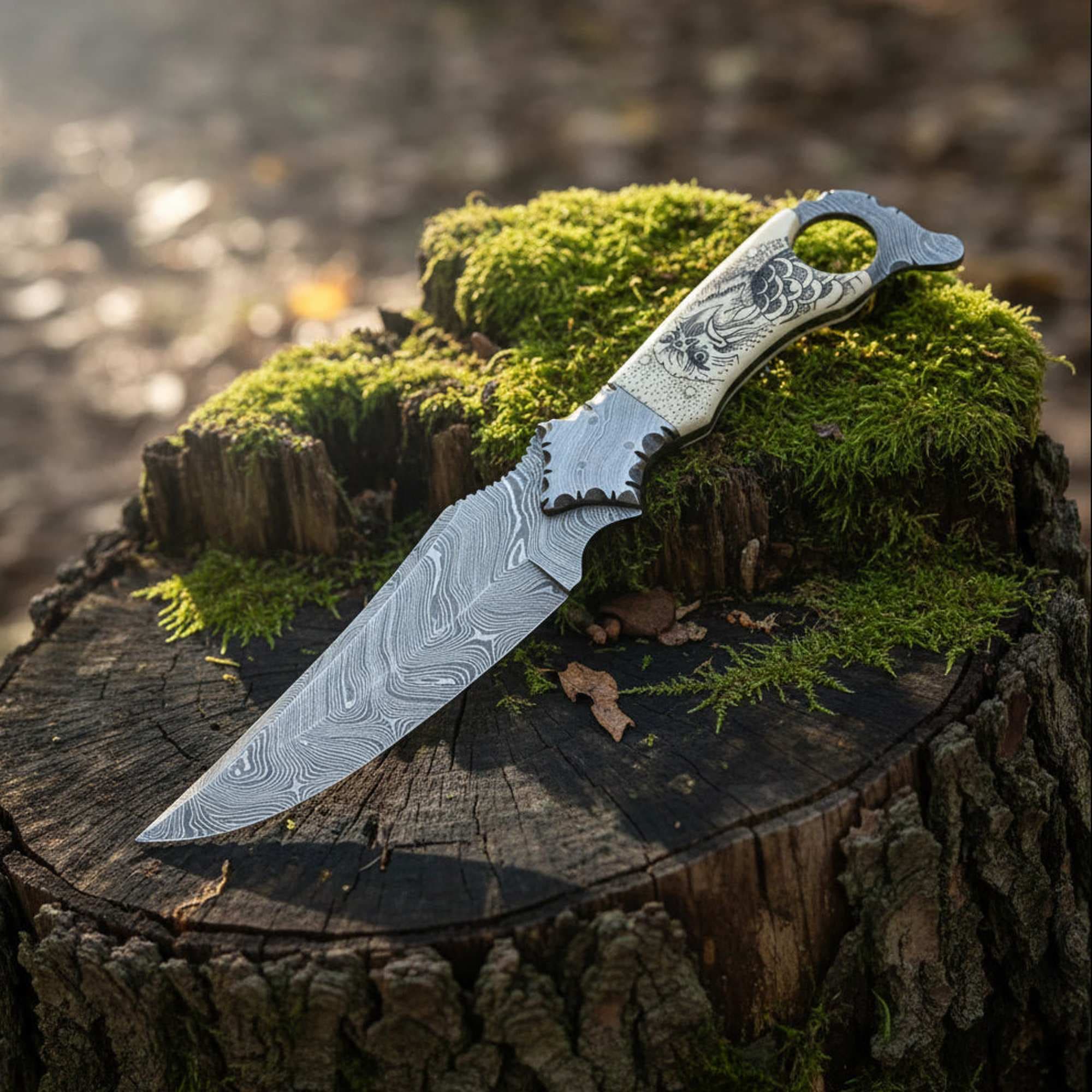 Biker Ringtail Knife Damascus Camel Bone EDC