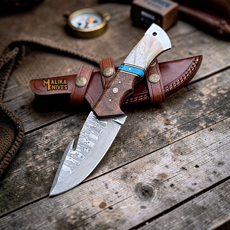 Damascus Gut Hook Hunting Knife with Wood Handle & Sheath