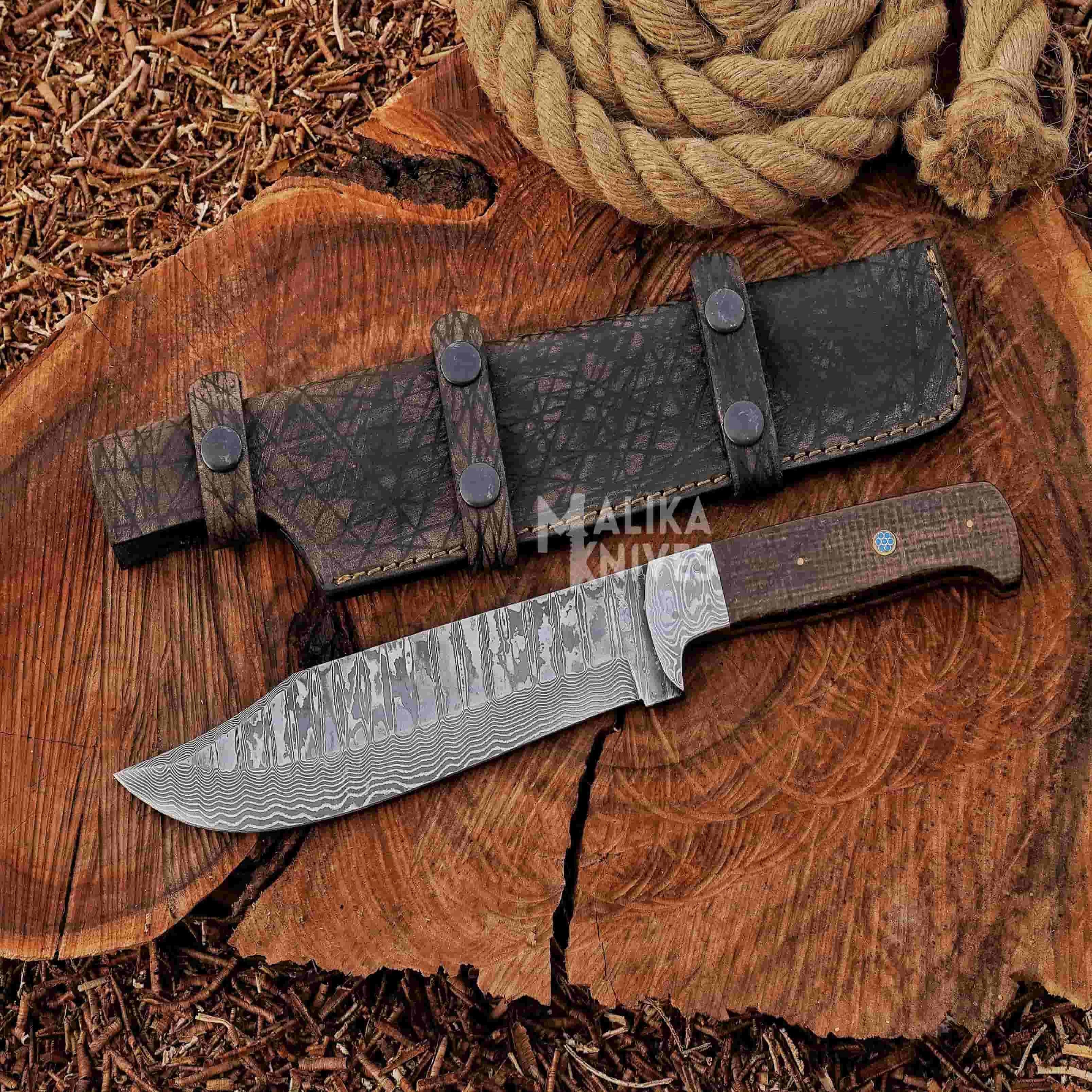 Stainless Damascus Hunting Knife with Leather Sheath.
