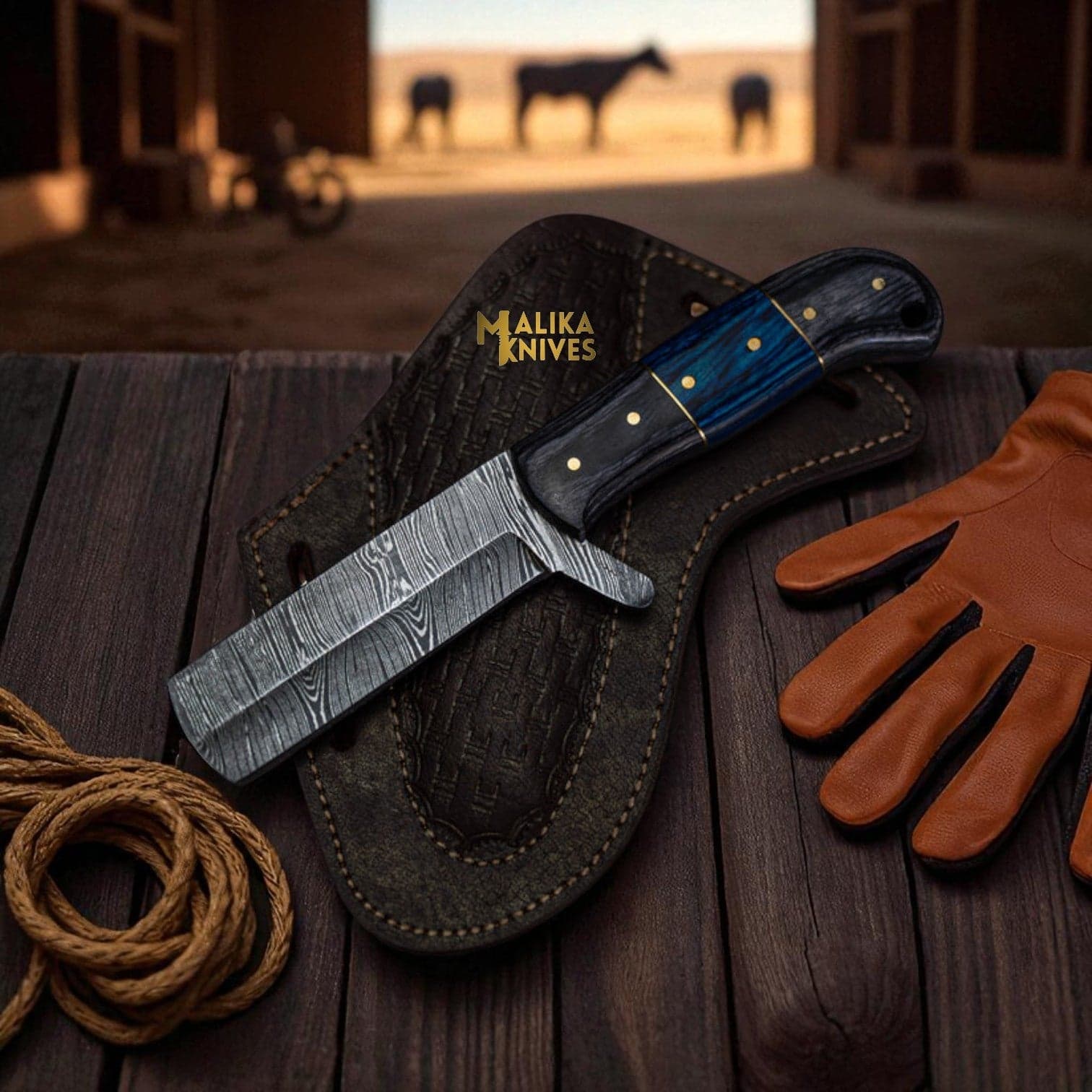 Damascus Bull Cutter Knife with Pakka Wood Handle
