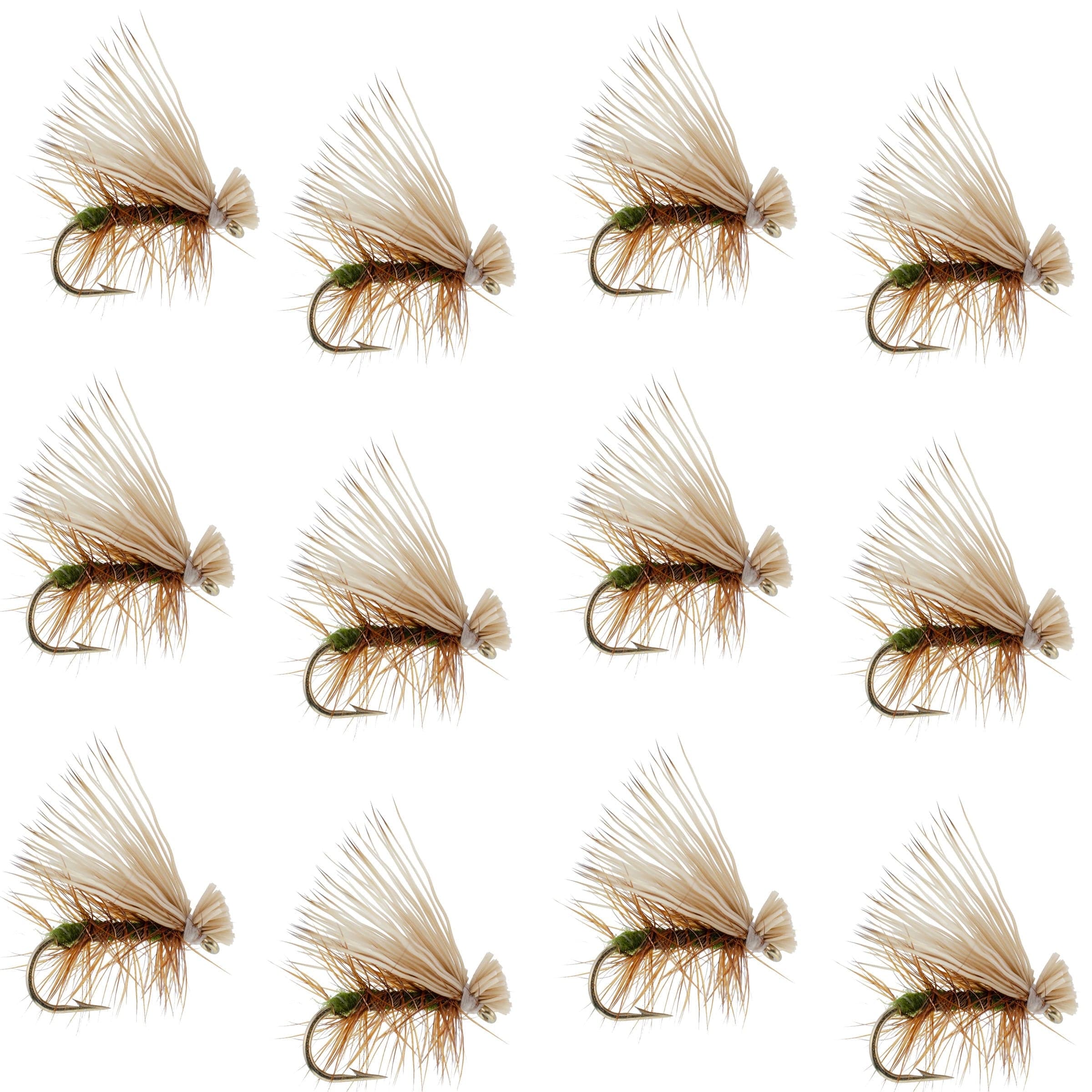 Olive Elk Hair Caddis Classic Trout Dry Fly - Set of 12 Flies Size 12 `
