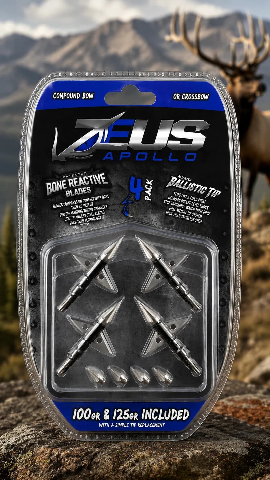 ZEUS APOLLO BROADHEADS (4 PACK)-COMES WITH BOTH 100/125 GR TIPS
