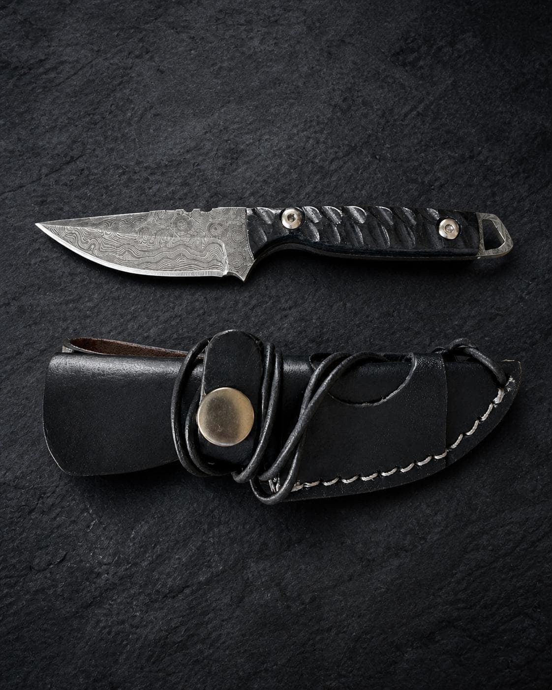 Titan "Shadow Scale" Damascus Hunting Knife | Drop-Point Blade | Carved Black Micarta Handle | Black Leather Sheath TK-516