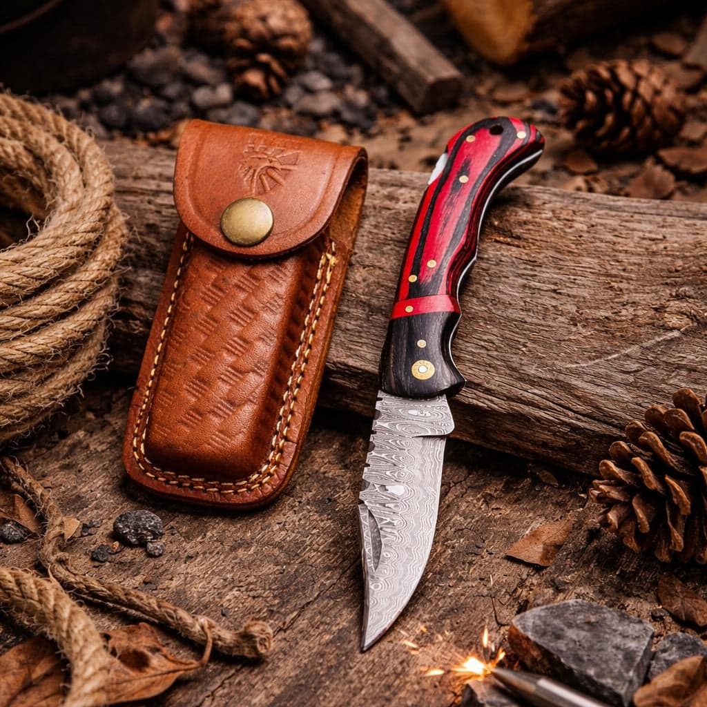 Damascus Steel – Trailing Point Folding Pocket Knife – Red & Black Pakkawood Handle – Brass Hardware & Leather Sheath – Hunting, Camping & EDC - TF-077