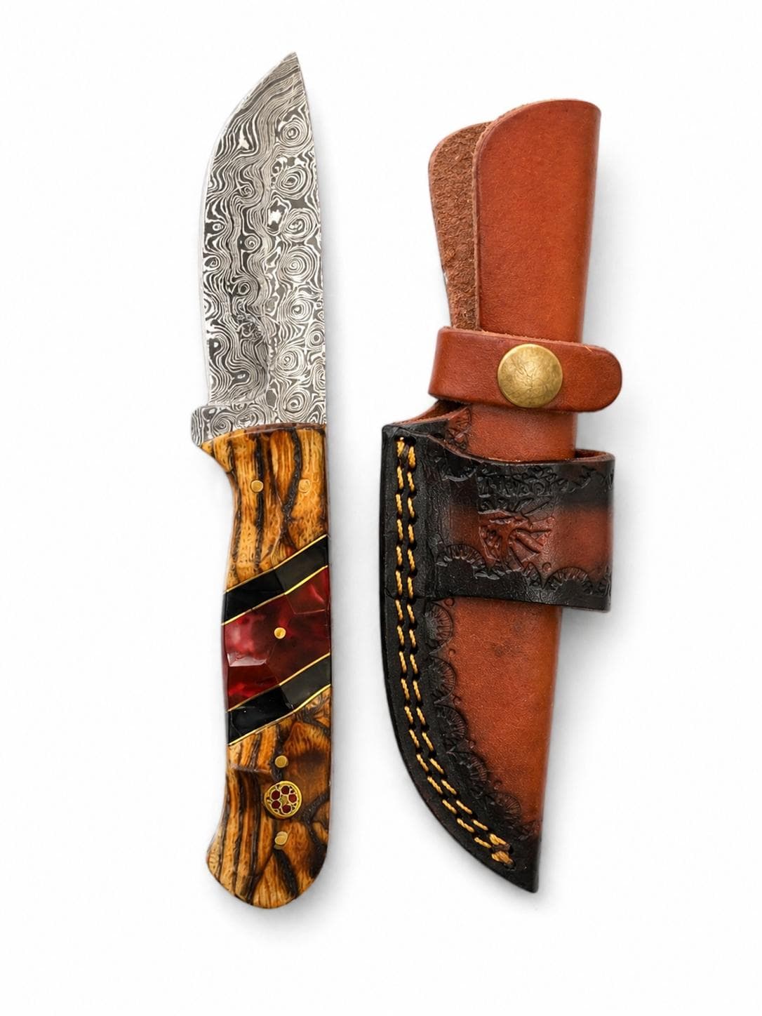 Hand-Forged Damascus Steel Drop Point Knife | Bocote Wood & Ruby Red Resin Handle | Leather Sheath TK-512